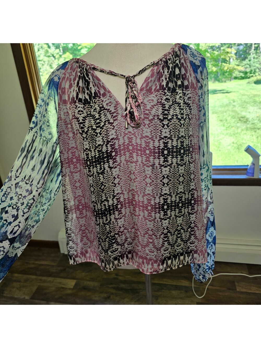 Ramy Brook Kayden Printed Blouson-Sleeve Blouse Large